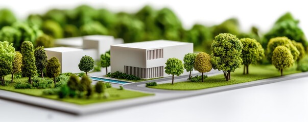 Poster - Architect blueprint idea. A detailed architectural model showcasing modern buildings surrounded by greenery.