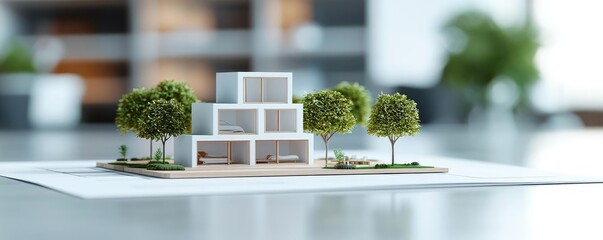 Poster - Architect blueprint idea. A detailed miniature architectural model showcasing modern design and greenery.