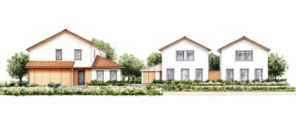 Poster - Architect sketching concept. Stylish modern houses with gardens and green landscaping in a tranquil setting.