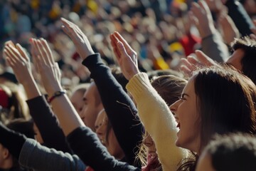 Wall Mural - Group of people with raised hands in the air, illustration of unity and celebration