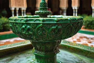 Poster - A green fountain in the middle of a courtyard with surrounding architecture
