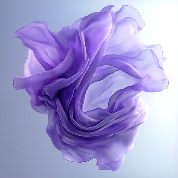 Abstract 3D illustration with flying, undulating shapes of translucent fabric in shades of purple and lavender. Modern design with a sense of airiness and lightness