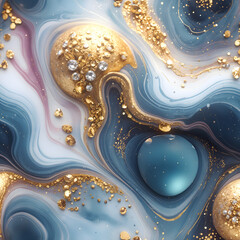 Aufkleber - A luxurious marble surface in blue, pink and violet shimmers with waves on which golden spheres with crystals are placed