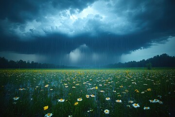 Poster - A colorful meadow with various flowers under a cloudy sky