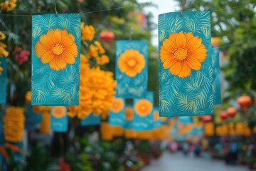 Poster - A collection of colorful paper flowers hanging from a string, perfect for decoration or photography prop