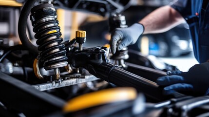 Poster - A person fixing a motorcycle in a garage
