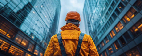 Poster - Engineer Wearing Construction Helmet Observing Modern Skyscrapers in Urban Cityscape