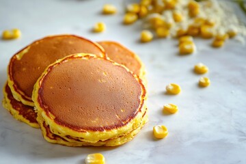 Poster - A stack of fluffy pancakes resting on a table, perfect for breakfast or brunch
