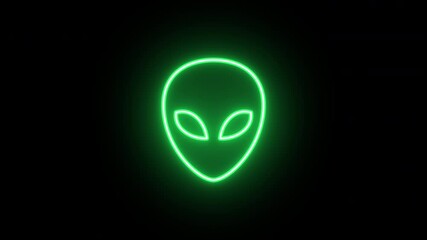 Poster - Neon martian head animation, slow blink. Glowing neon ufo alien icon, looped slow flashing animation. Space alien face, extraterrestrial, martian emoji, humanoid. Green, yellow, orange colors