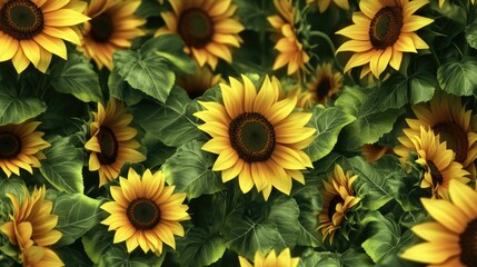 Poster - A vibrant field of sunflowers with green leaves