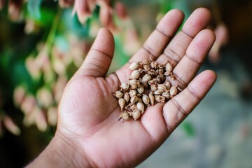 Aufkleber - A person holds a handful of seeds in their hand