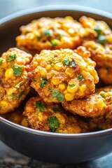 Wall Mural - Freshly baked corn fritters served hot on a table, perfect for snacking or serving at parties