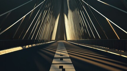 Canvas Print - Sunlit asphalt road on a modern cable-stayed bridge.