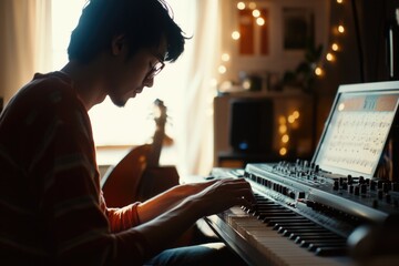 Poster - A person typing on a computer in a modern setting, suitable for use in corporate or tech-related contexts