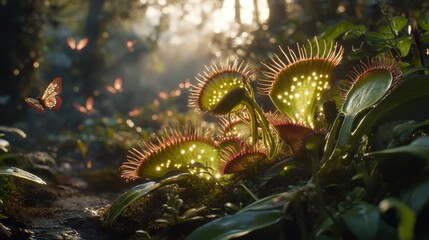 Poster - Sunlit Venus flytraps in a lush forest with butterflies.