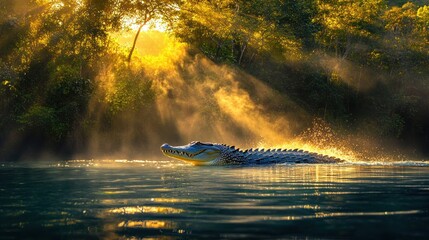 Poster - Sunrise illuminates a crocodile swimming in a misty jungle river.