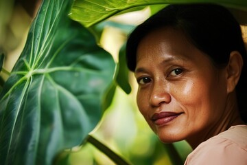 A person is seen standing or sitting near a plant, potentially for gardening or relaxation