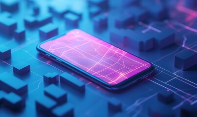 Poster - Futuristic smartphone displaying vibrant digital map interface over abstract cityscape, showcasing advanced technology and connectivity