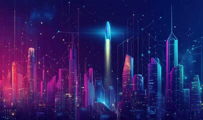Poster - futuristic city skyline with rocket launch, vibrant neon colors, digital technology, skyscrapers, st
