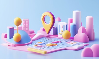 Poster - Colorful 3D city map with location pin, buildings, and geometric shapes, showcasing modern urban design and navigation concepts