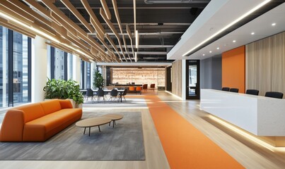 Wall Mural - Modern office interior design featuring orange accents, open layout, and natural light with stylish furniture and greenery