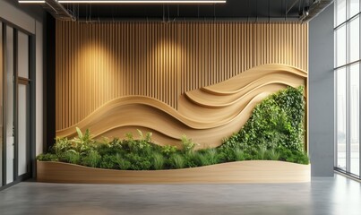 Wall Mural - Modern interior design featuring wave-patterned wooden wall and lush greenery, creating a harmonious blend of nature and architecture