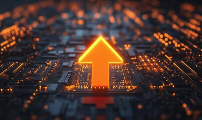 Poster - Digital circuit board with glowing orange upward arrow symbolizing progress and technology advancement