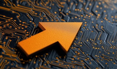 Poster - Orange arrow symbolizing progress on black circuit board background with intricate patterns and glowing elements