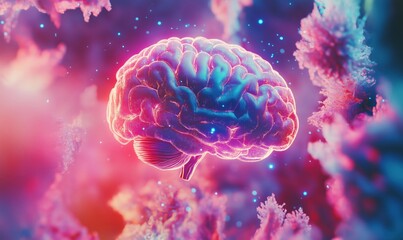 Poster - Vibrant Brain Illustration Surrounded by Colorful Abstract Elements, Representing Neural Activity and Creativity
