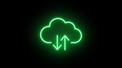 Poster - Neon cloud icon animation, slow blink. Glowing neon cloud storage with arrows, looped slow flashing animation. Cloud space and technology, data backup, file repository. Green, yellow, orange colors