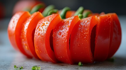 Wall Mural - Fresh red bell pepper with water droplets on a smooth surface in natural light setting