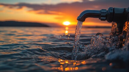 Poster - Sunset water flowing from tap into ocean.