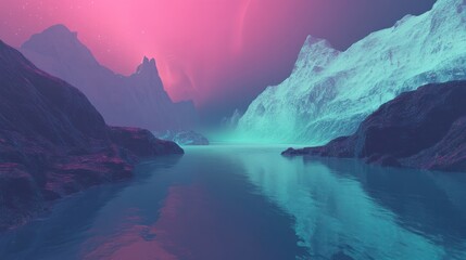 Wall Mural - Surreal pink and teal landscape with mountains and calm water reflecting the sky.