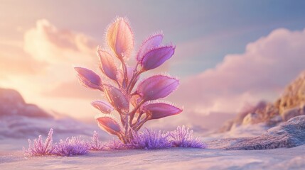 Wall Mural - Surreal sunset landscape with a vibrant, unique plant.