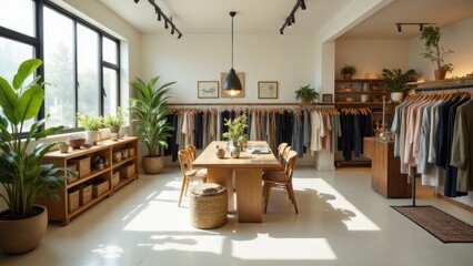 Wall Mural - Fair trade casual wear showcased in a minimalist boutique with greenery and natural light