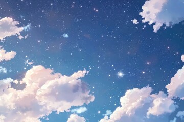 Poster - A dark blue sky filled with clouds and twinkling stars, ideal for backgrounds or astronomy themes