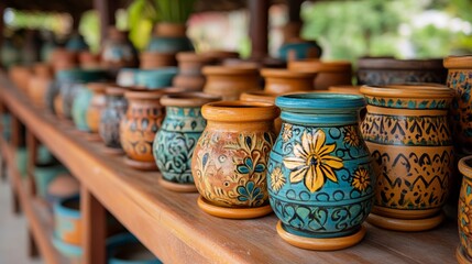 Wall Mural - Colorful handcrafted pottery displayed on a wooden shelf in a vibrant artisan market setting