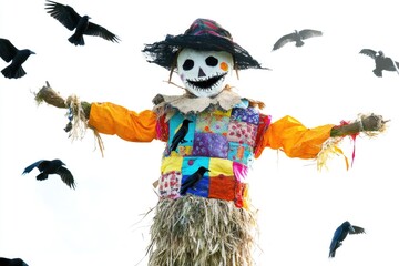 Aufkleber - A person dressed as a scarecrow with a scary face mask, suitable for Halloween or harvest-themed images