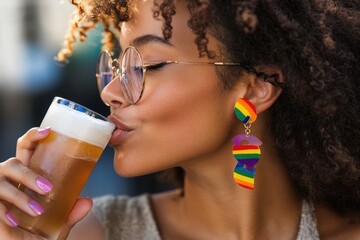 Wall Mural - A woman holding a glass of beer and taking a sip