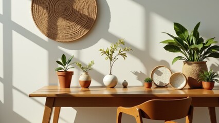 Wall Mural - Upcycled accessories styled on a wooden table with plant inspired accents and soft shadows