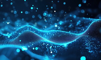 Poster - Abstract digital wave with glowing particles, representing data flow and technology, featuring blue tones and depth in a futuristic design