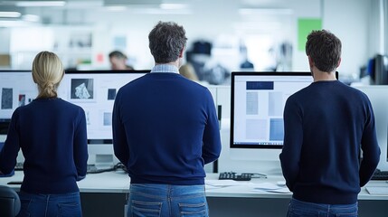 Canvas Print - Three colleagues view computer screens in a modern office.