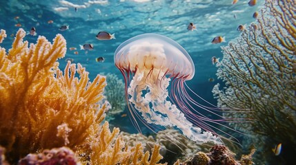 Poster - A jellyfish swims above a colorful coral reef