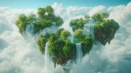 Sticker - Three lush, green floating islands with waterfalls, nestled amongst fluffy white clouds under a vibrant blue sky.