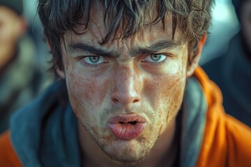 Wall Mural - A close-up view of a person's face with distinct freckles, useful for highlighting individual features or adding personality to a scene