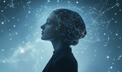 Poster - Digital Mindscape: Profile of Woman with Abstract Neural Network and Cosmic Elements Representing Intelligence and Creativity