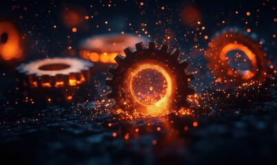 Poster - Glowing Gears with Sparks and Bokeh Effect in Dark Background, Industrial Aesthetic, Mechanical Components, Abstract Art