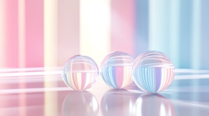 Canvas Print - Three translucent spheres reflecting pastel stripes on a glossy surface.