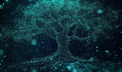 Poster - Digital tree structure representing interconnectedness and growth in a futuristic design, showcasing a network of glowing particles and lines