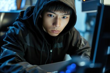 Leinwandbilder - Man working on laptop, possible student or freelancer